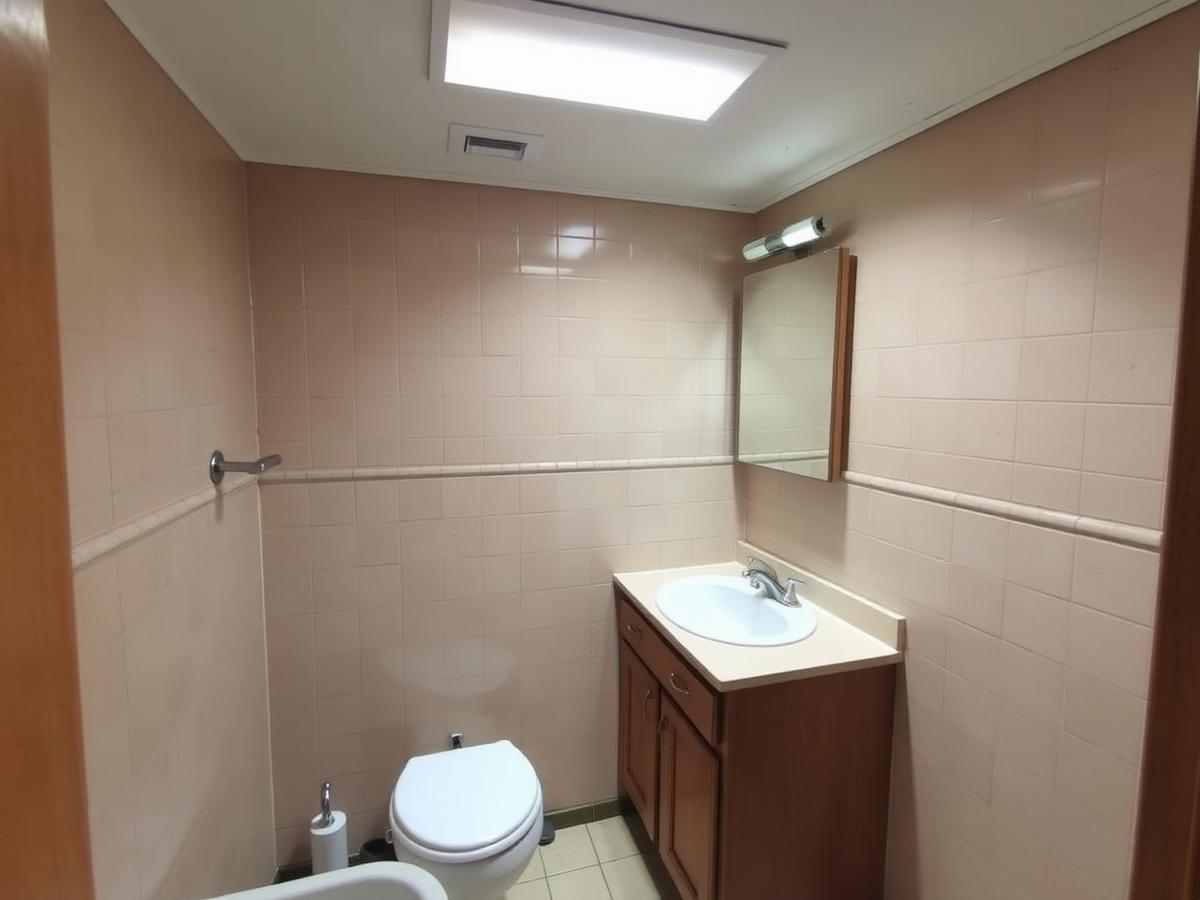 Dated beige tile bathroom with oak vanity before remodeling