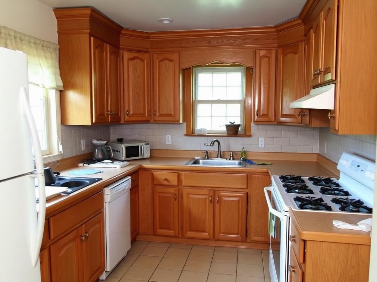 Dated 1990s kitchen with honey oak cabinets before remodeling