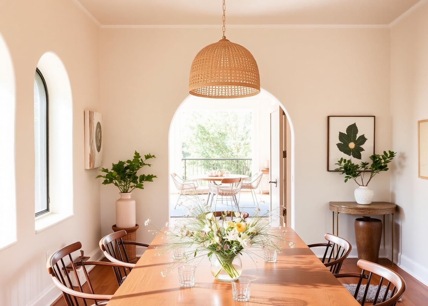 Bright refreshed dining room with arched doorway and woven pendant light